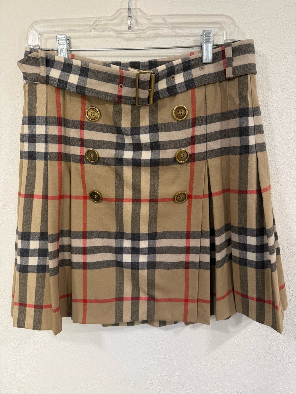 Burberry London Nova Check Wool Pleated Belted Skirt S
